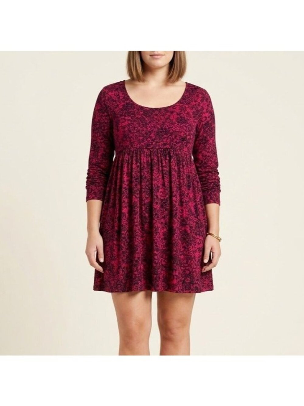 Soma Floral Paisley Mini Dress Red Black Long Sleeve Scoop Neck Empire Waist M